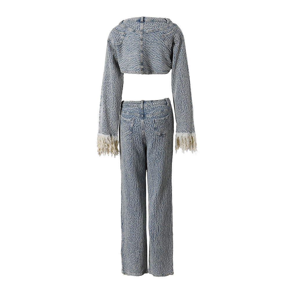 European And American Ladies Tassel Long Sleeve Denim Suit