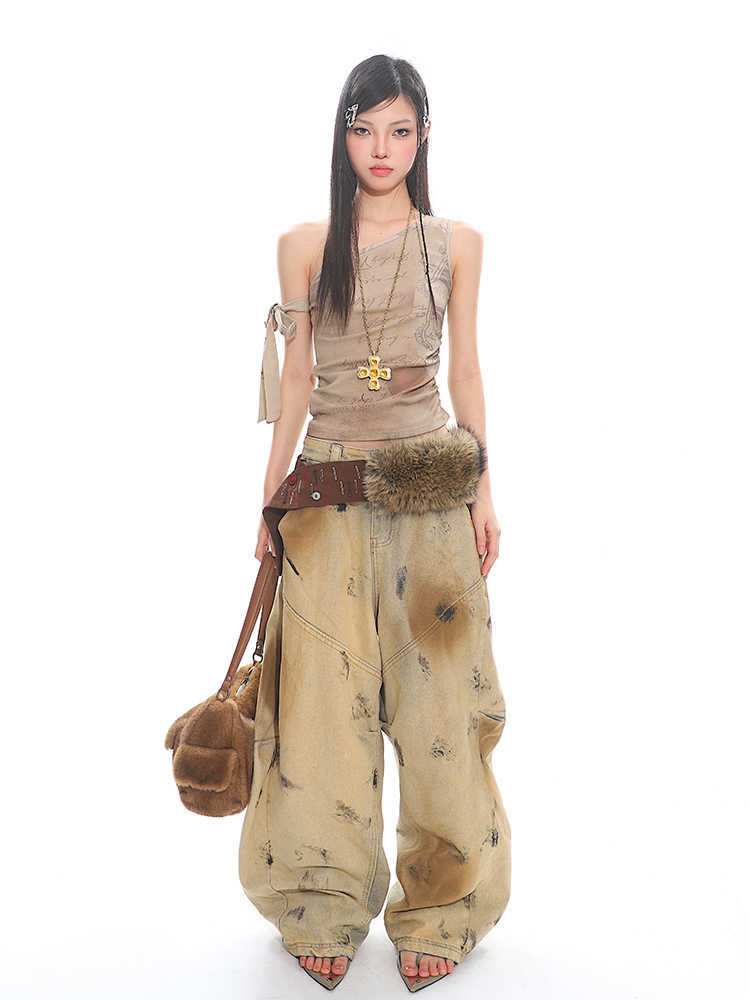 Washed Old Blooming Retro Machete Profile Loose Jeans