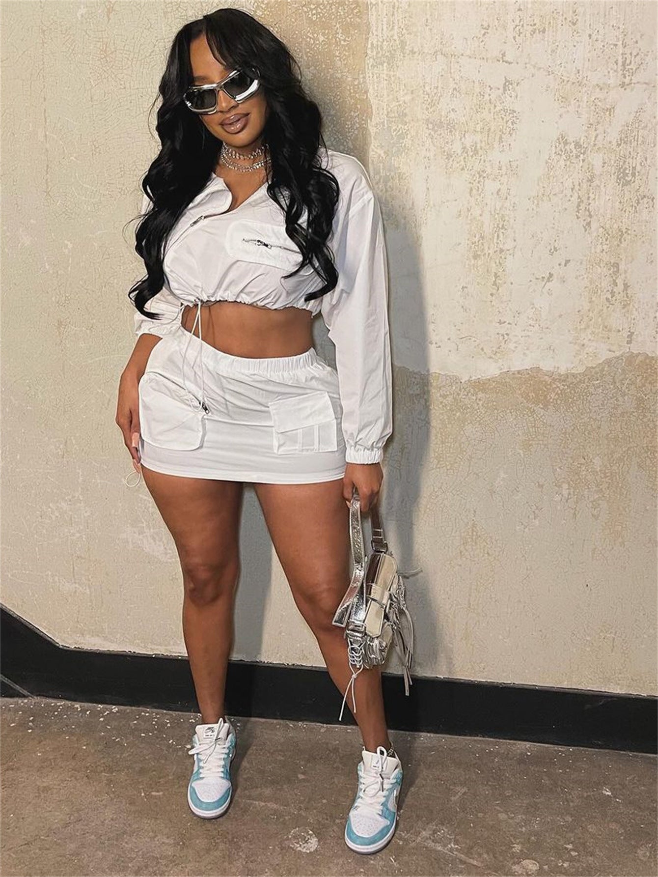 Veste de travail moulante unie à fermeture éclair, coupe sexy, manches longues, jupe taille basse