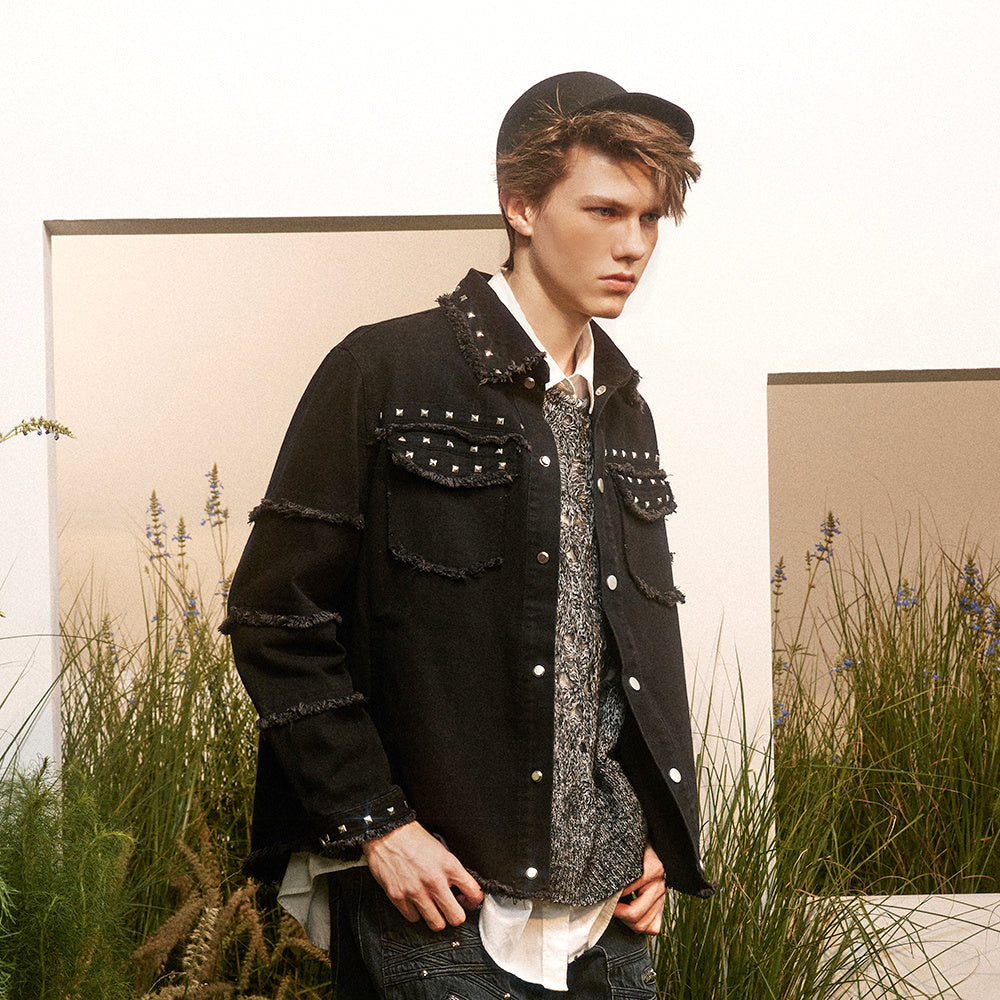 High Street Fashion Brand Hip Hop Rock Rivet Decorative Denim Jacket