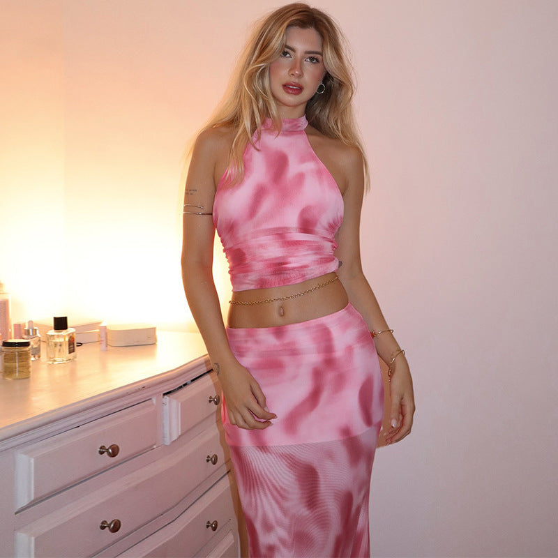 Combinaison sexy dos nu avec jupe en maille imprimée