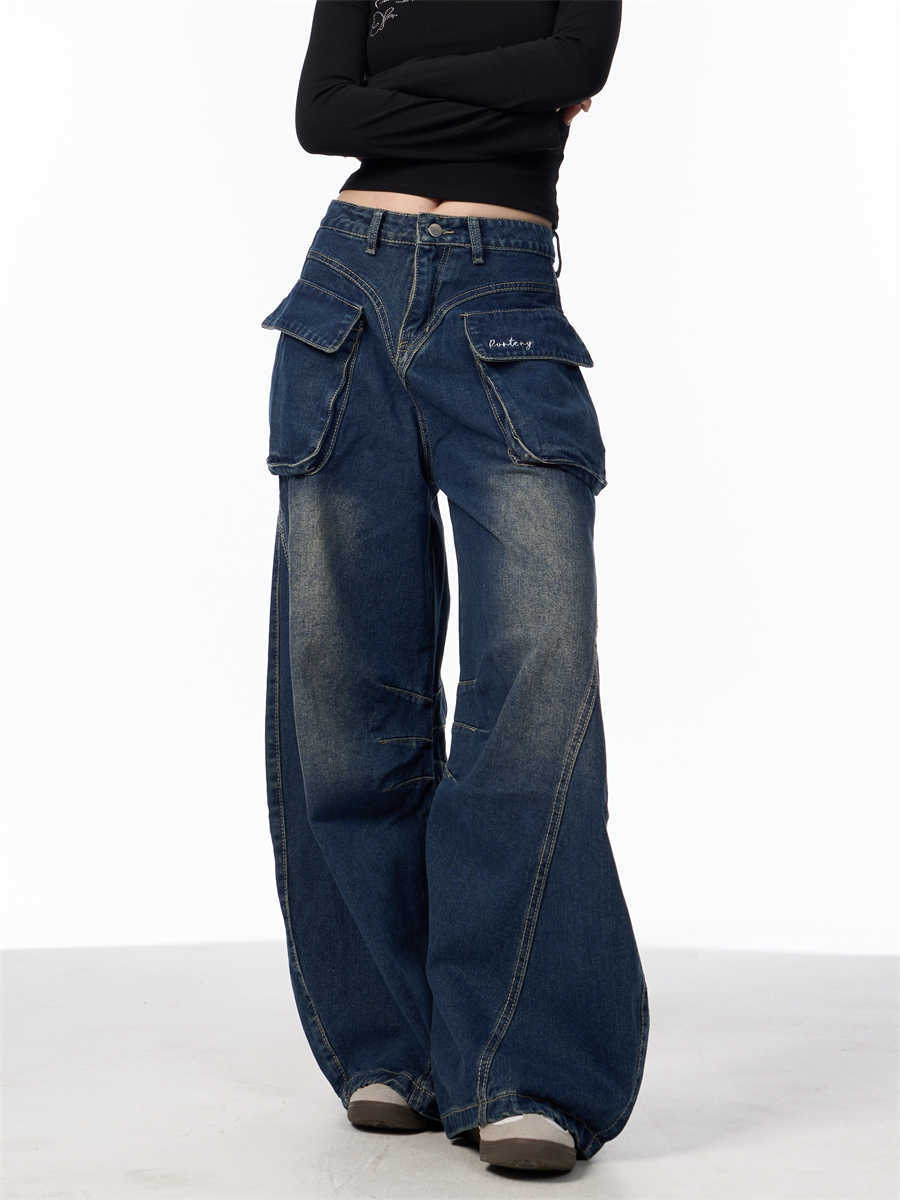 Wide-leg Jeans With Pockets High Waist Loose Trousers