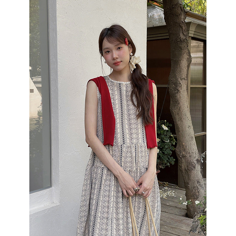 Retro Printed Waist-controlled Slimming Dress Women's Summer New