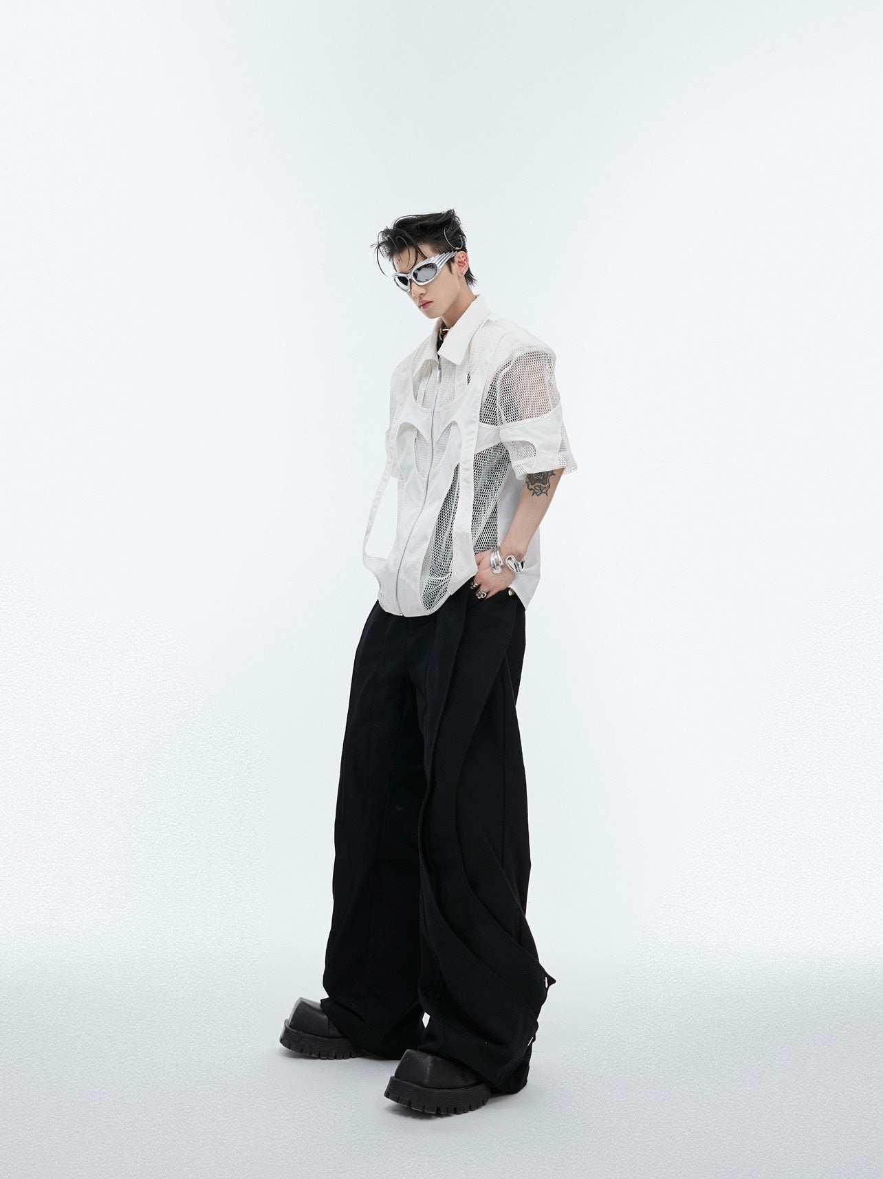 Hollow Mesh Short-sleeved Shirt Double-layer Stitching Loose T-shirt Coat