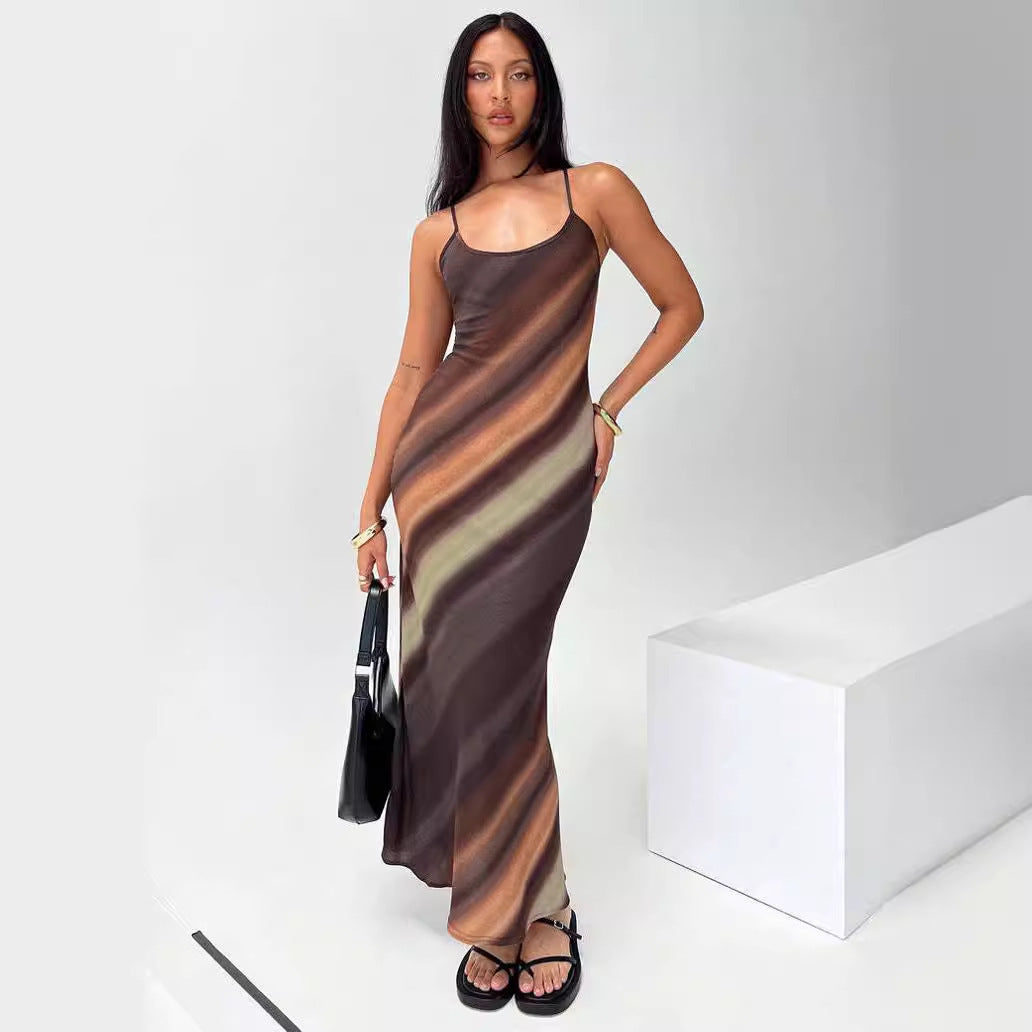Robe sexy à bretelles fines et imprimé dégradé rayé, dos nu, à lacets