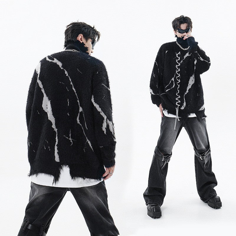 Ripped Design Jacquard Rope Turtleneck Sweater