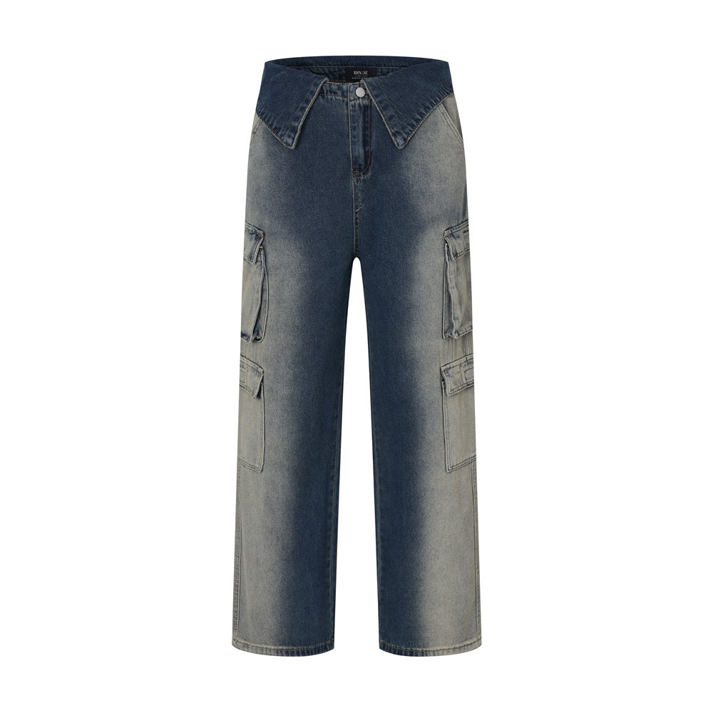 Design Loose Cool Multi-pocket Contrast Color Inkjet Trousers