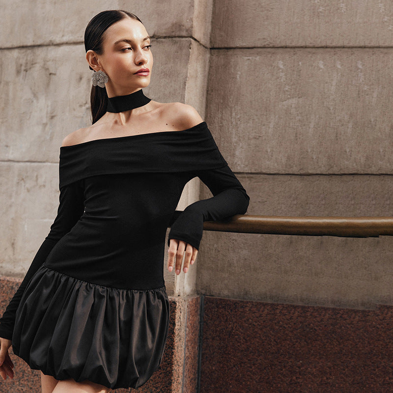 Off-shoulder Long Sleeve Stitching Dress