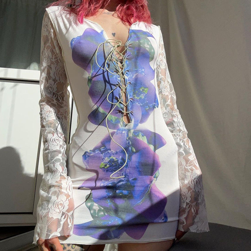 Long-sleeved Printed Lace-up Mesh High-waisted Dress