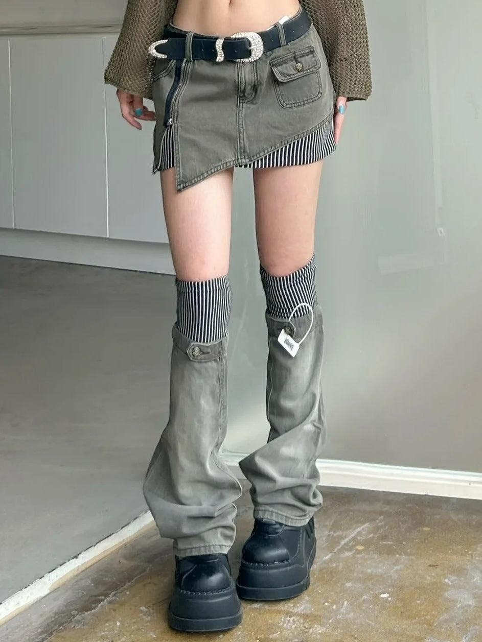 American-style Retro Plus Size Striped Stitching Denim Suit Skirt