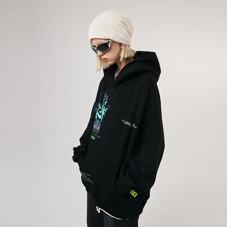 Letter Print Loose Hooded Fleece Sweatshirt
