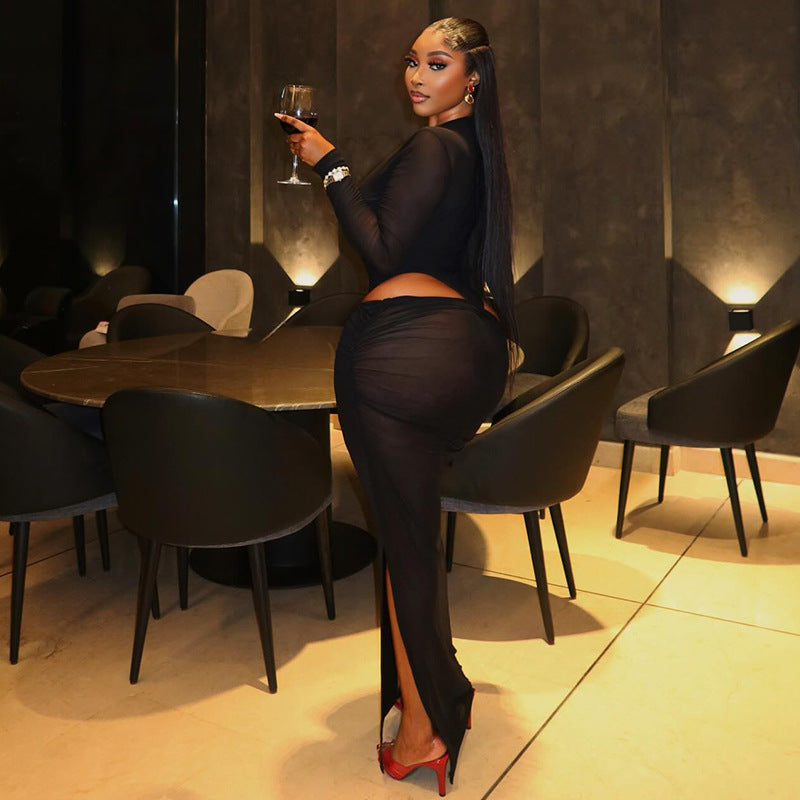 Womens Sheer Long-Sleeve Mesh Dress