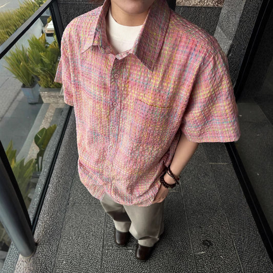 Plaid Seersucker Cross Yuke Loose Profile Short Sleeve Shirt Men's Summer