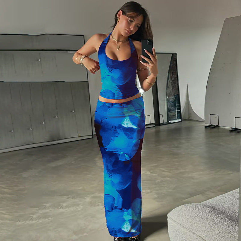 Fashionable Printed Sexy U-Neck Tank Top And Slim-Fit Skirt Set