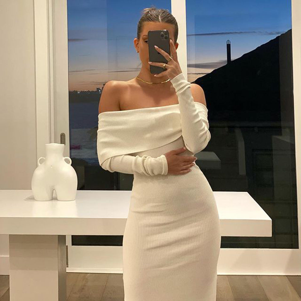 New High-waist One-shoulder  Long-sleeved Dress