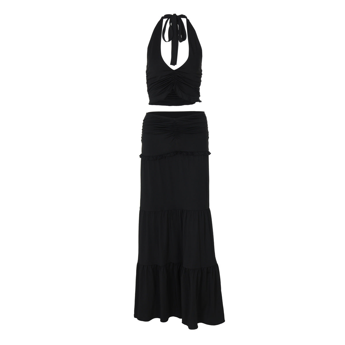 Ensemble d'été composé d'un gilet dos nu en dentelle et d'une jupe plissée