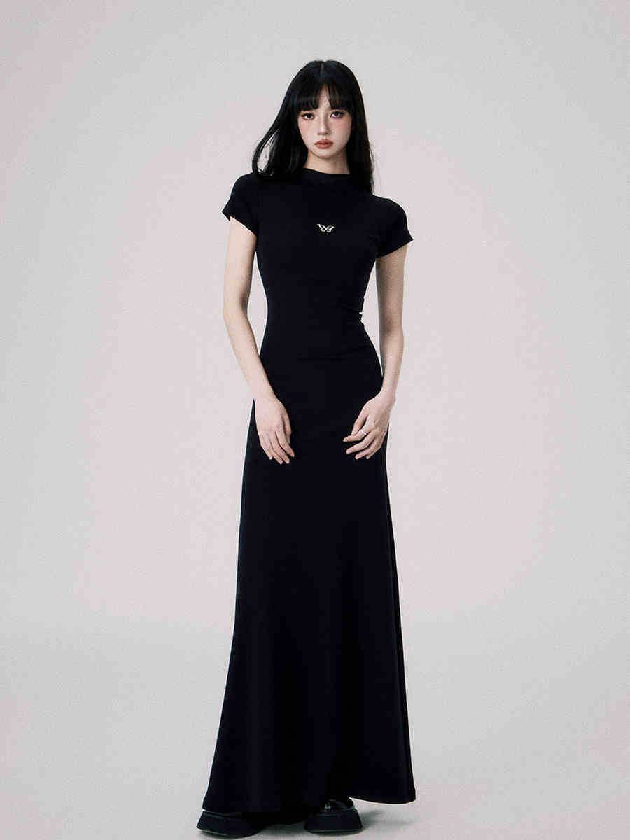 Mid-collar Short Sleeve Dress Women's Slim Knit Dress