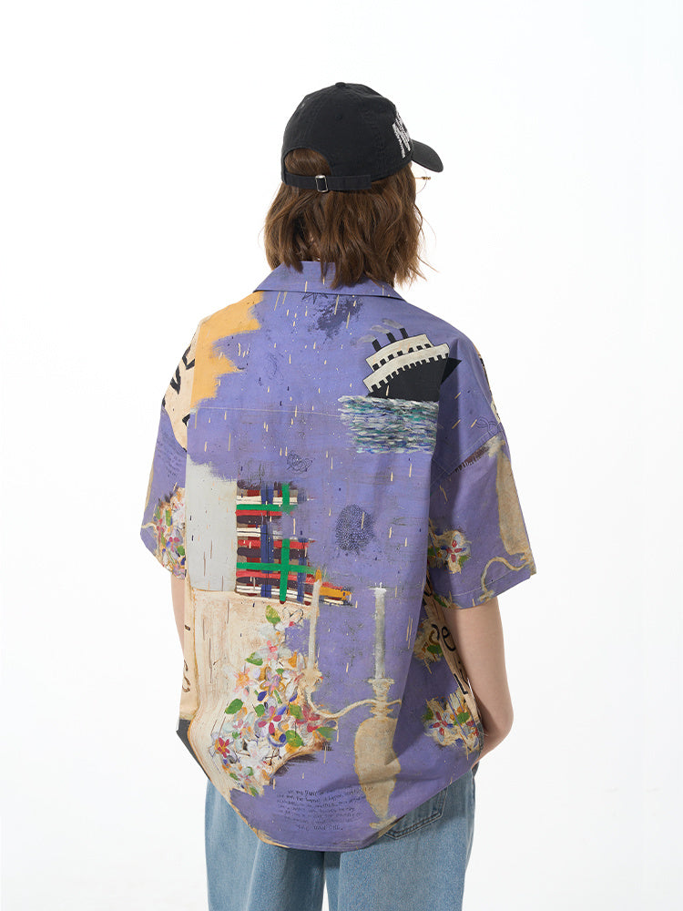 Chemise à manches courtes décontractée, ample, bleue et violette, tendance, assortie à tout