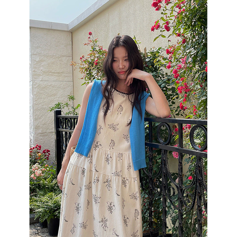 Retro Printed Waist-controlled Slimming Dress Women's Summer New