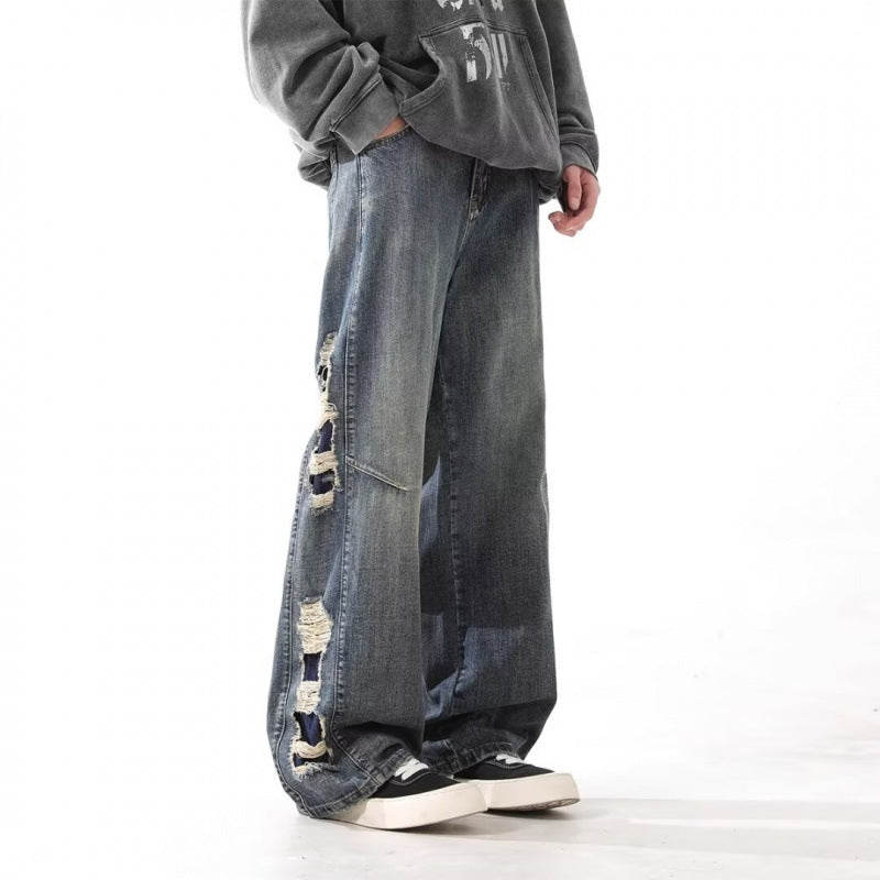 Washed Make Old Ripped Jeans Men's Straight Loose