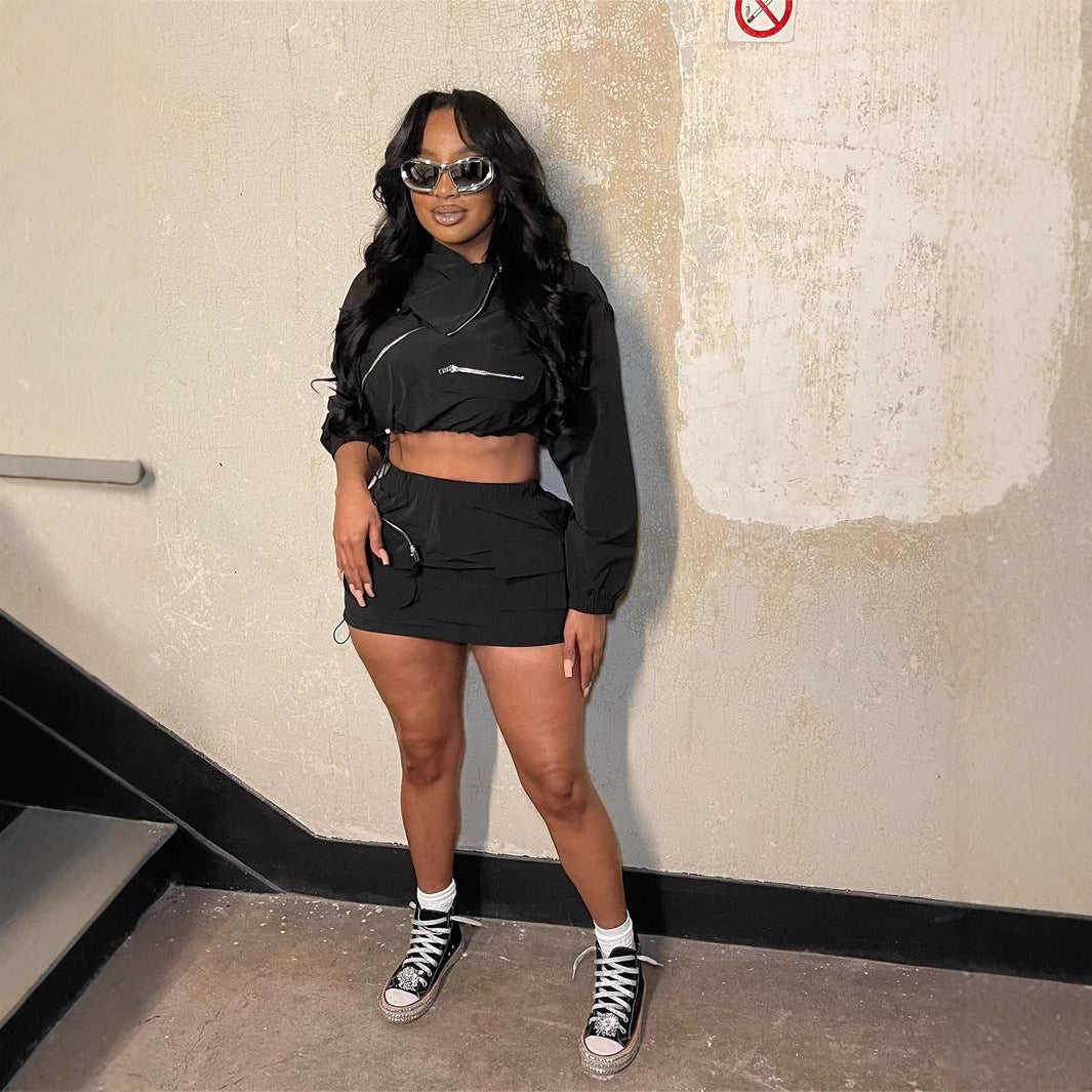 Veste de travail moulante unie à fermeture éclair, coupe sexy, manches longues, jupe taille basse