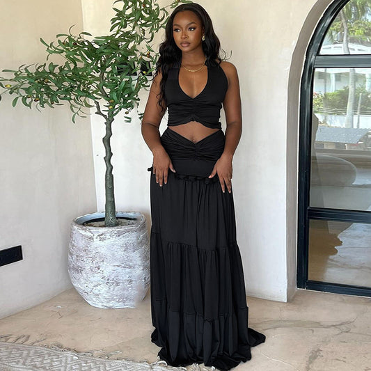 Summer Lace Halterneck Vest Pleated Skirt Suit