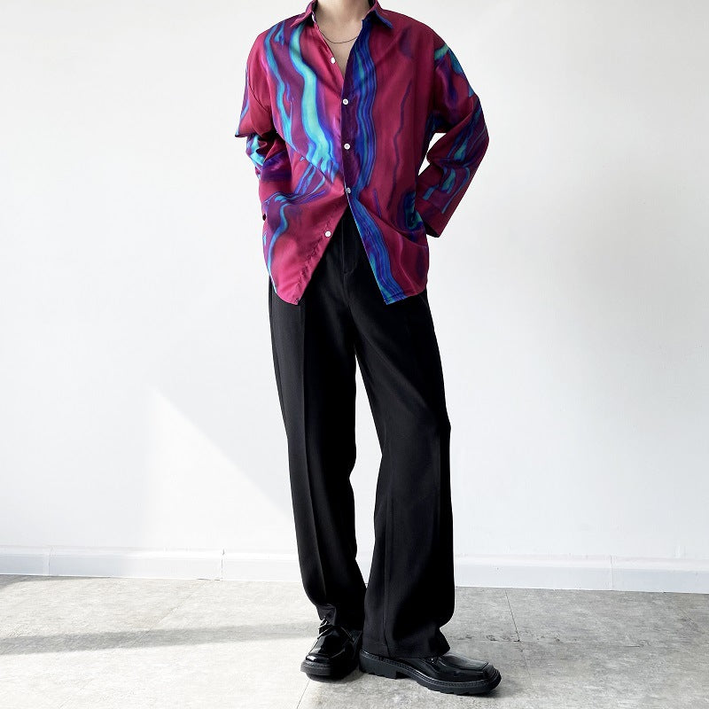 Red And Blue Contrast Print Loose Shirt