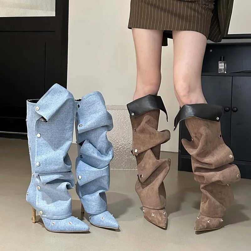 Fashion Buckle Stitching Stiletto Heel Denim Pleated Pile Style Boots