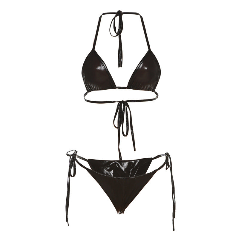 Hanging Neck Lace-up Reflective Bikini Two-piece