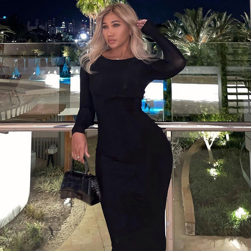 Style Fashion Solid Color Slim Fit Round Neck Long Sleeves Dress