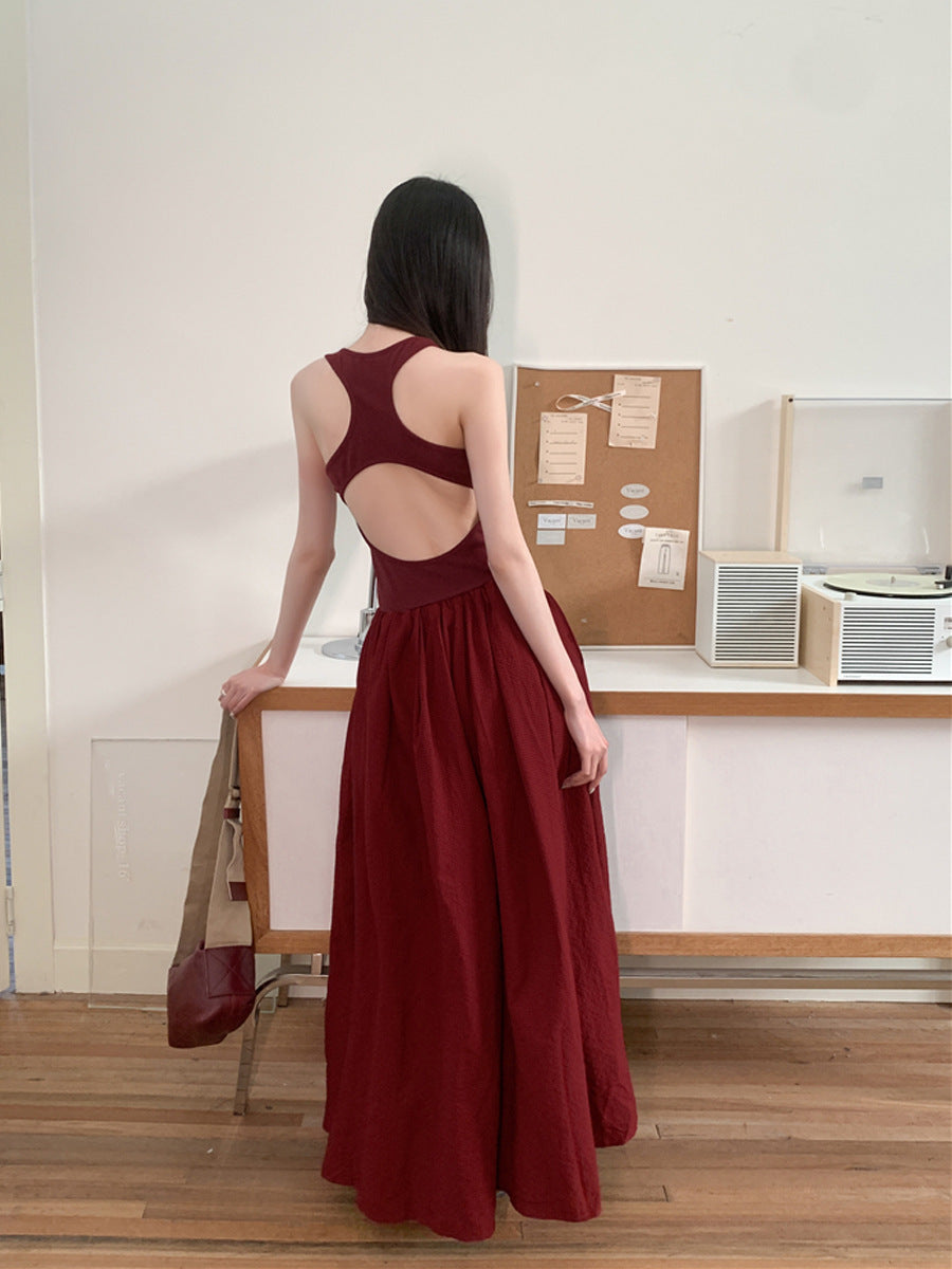 Retro Printed Backless High Waist Large Swing Skirt