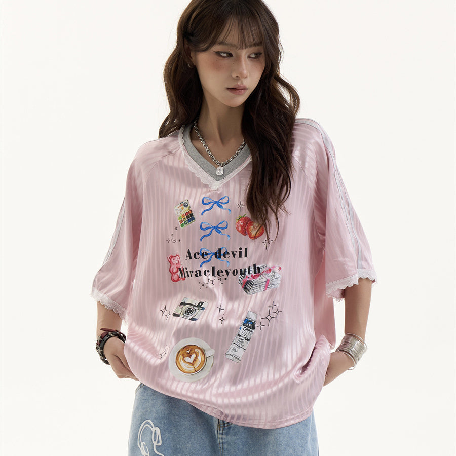 Female Retro V-neck Letter Printed Short Sleeved Shirt