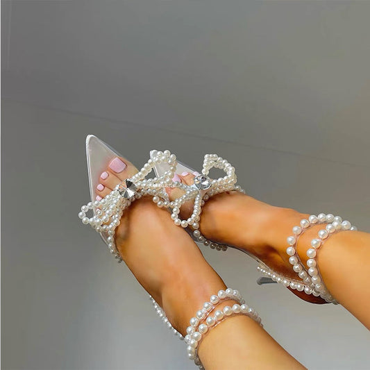 Transparent Crystal Pearl Bow Head Sandals For Women