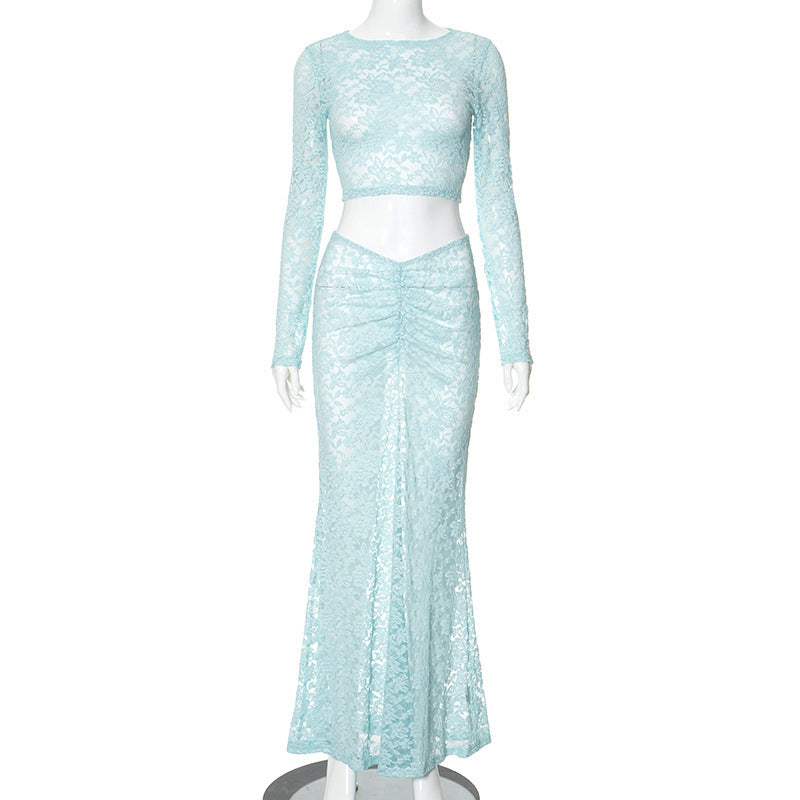 Long Sleeve Top Low Waist Dress See-through Lace Suit