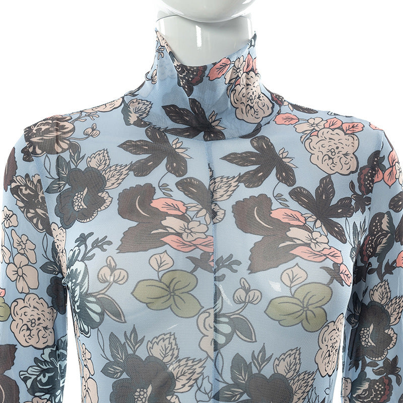 Gloves Sheer Long Sleeve Round Collar Jumpsuit