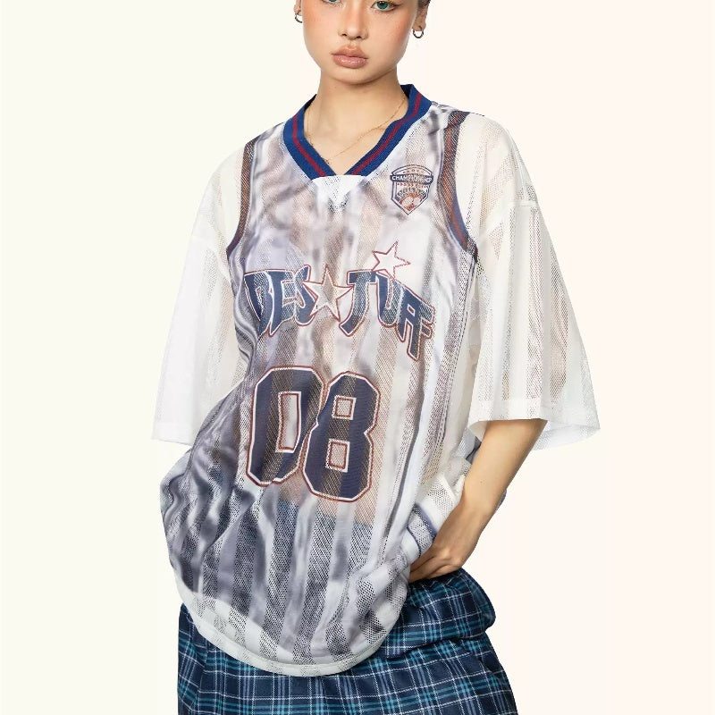 Color Contrast Patchwork Striped Hollow Print Small V-neck Short Sleeve