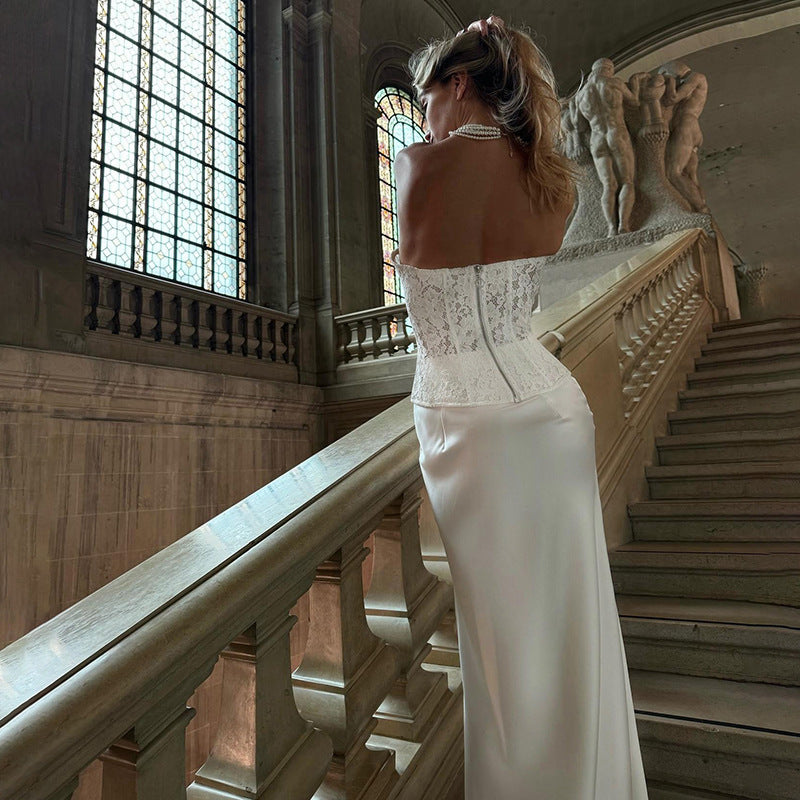 Robe longue élégante d'automne en dentelle à motif baleine, coupe ajustée.