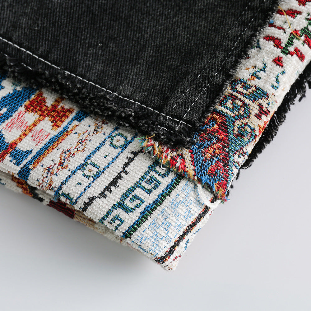 Short en jean à bords bruts et patchwork de couleurs contrastées