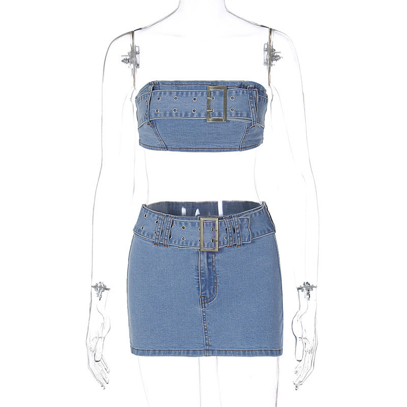 Fashion Denim Tube Top Skirt Suit