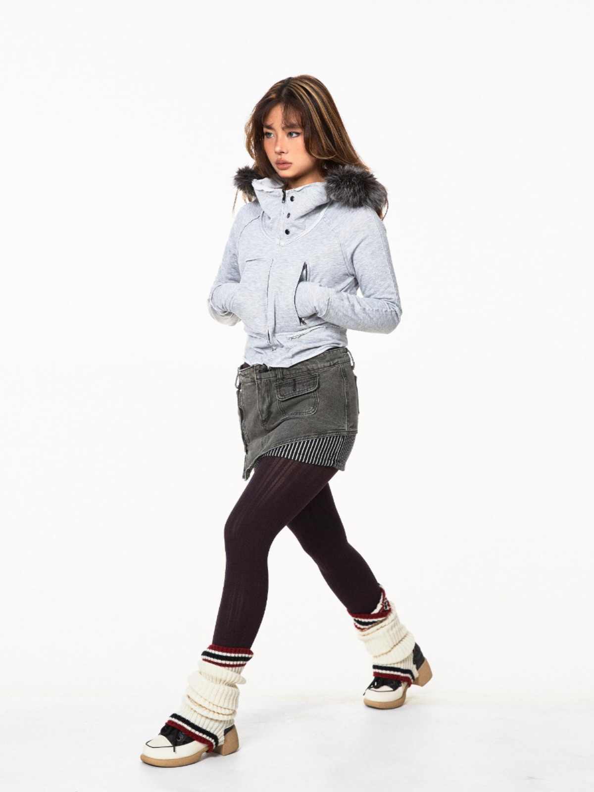 Hooded Cardigan Fur Collar Sweater Zipper Pocket Short Coat