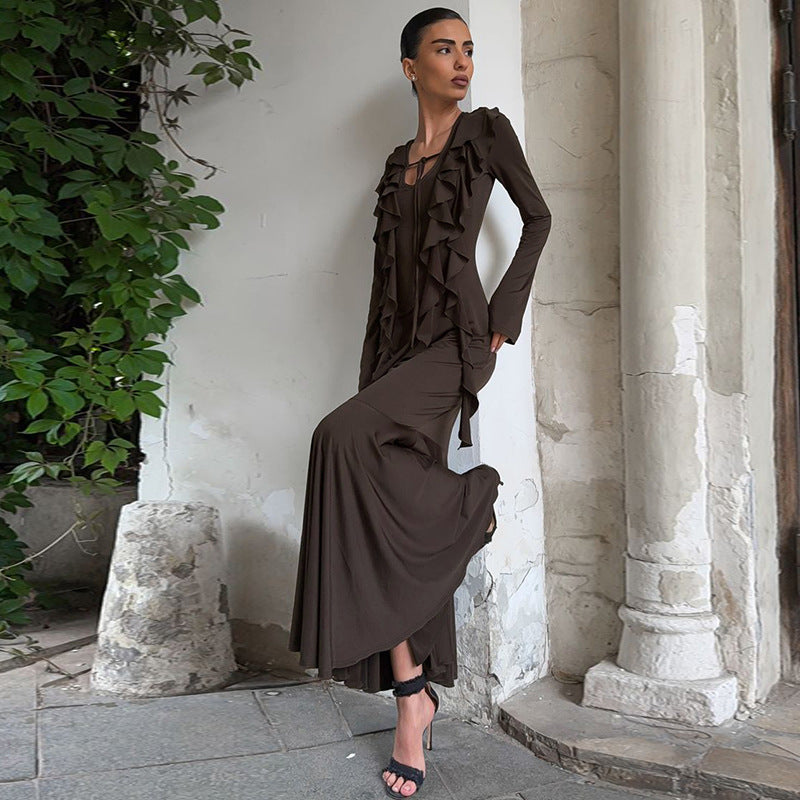 Ruffles Lace-up Long Sleeve Waist Dress