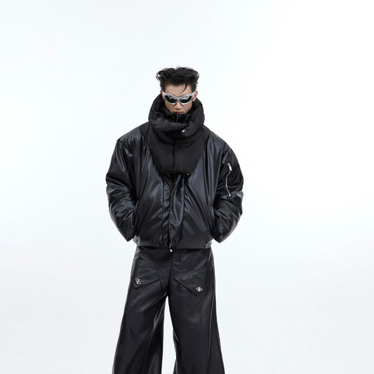 Manteau en coton à double col, veste en cuir PU brillant, surpiqûres, manteau rembourré en coton épaissi.