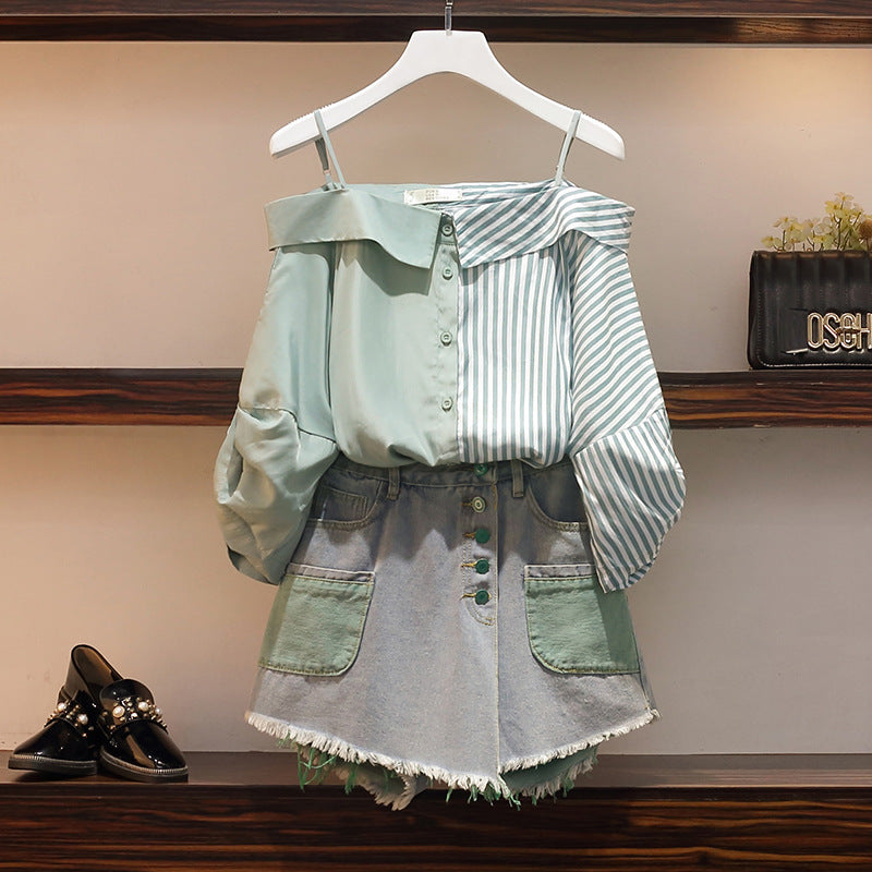 Women's Off-shoulder Short-sleeved Denim Shorts Suit