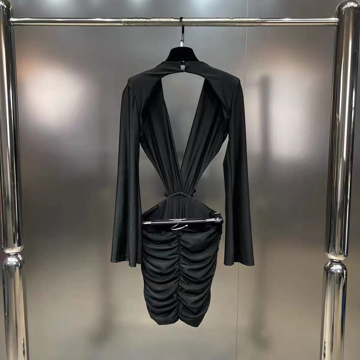 Fashion Deep V-neck Padded Shoulder Long Sleeve Waist Hollow Dress