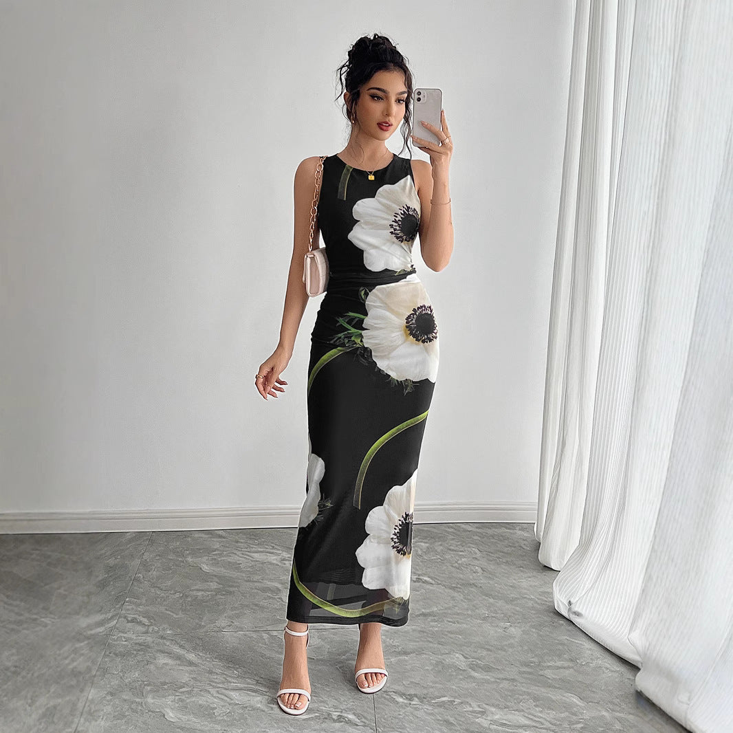 Robe longue sans manches à imprimé floral en maille noire
