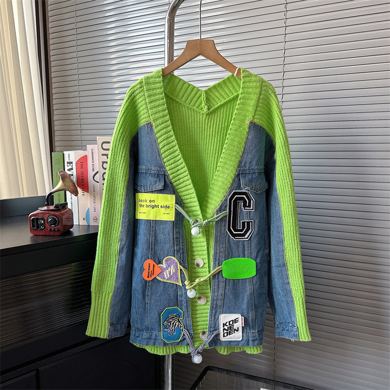 Denim Stitching Sweater Cardigan Loose Knitted Coat