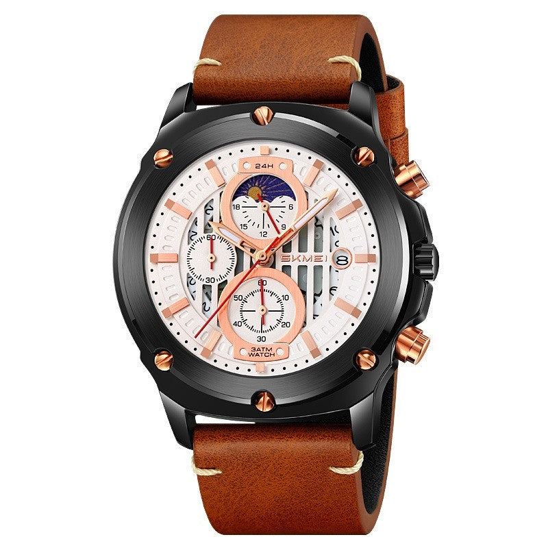Watch Fashion Trend Men's Leather-belt Watch Three Eyes And Six Needles Quartz Watch