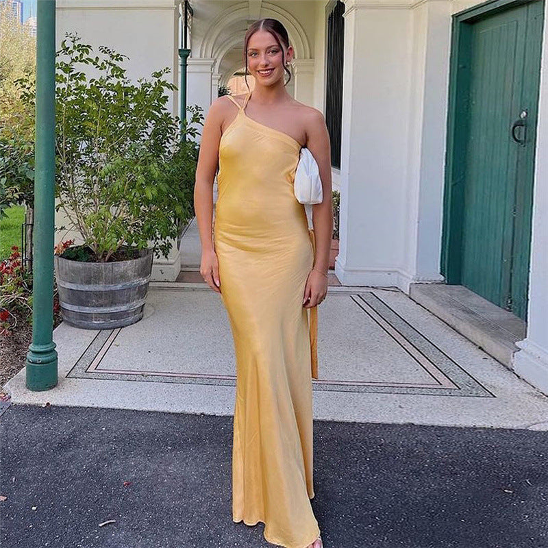 Sleeveless Diagonal Collar Hollow Backless High Waist Slim-fit Jumpsuit Long Dress