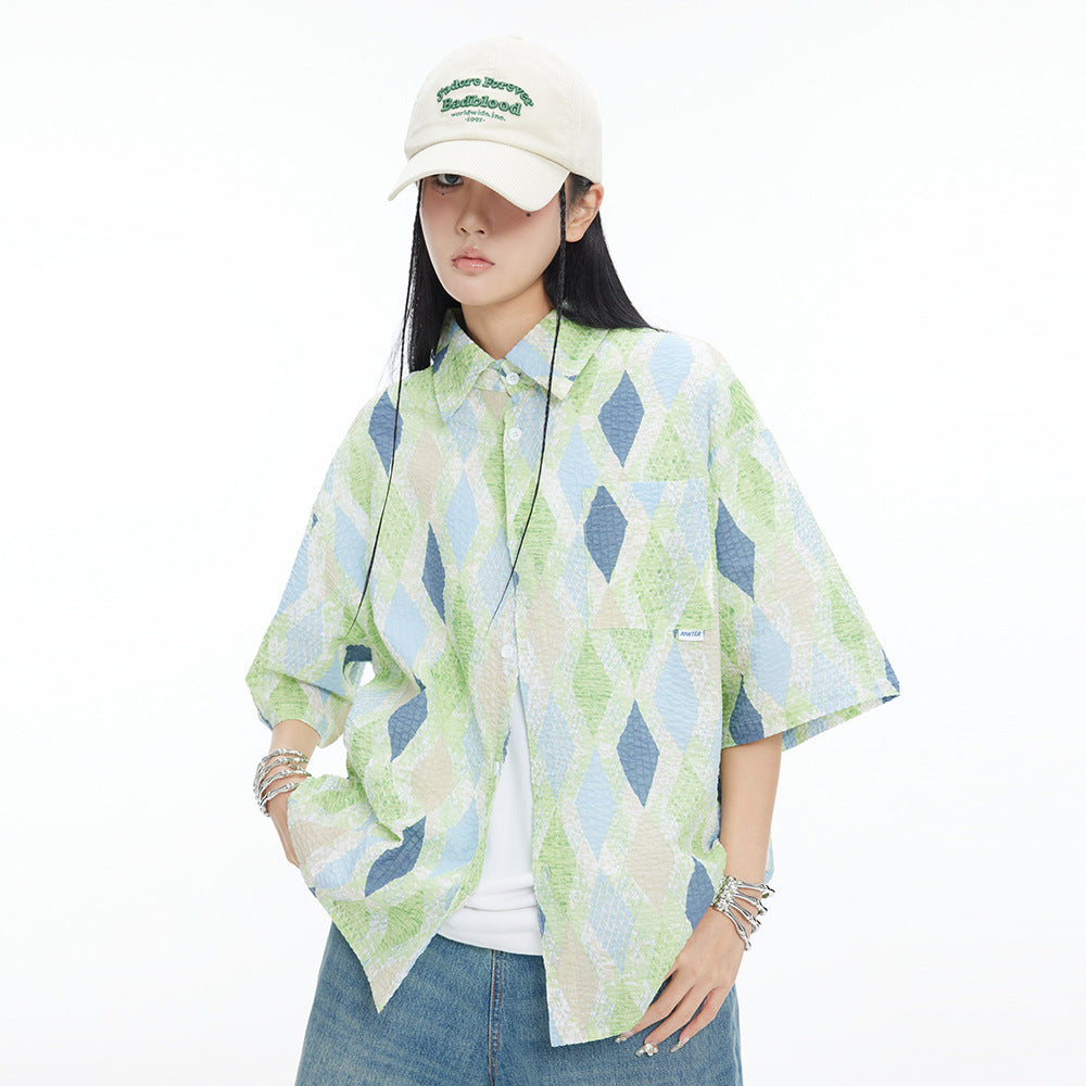 Camicia a quadri a maniche corte con motivo a rombi larghi