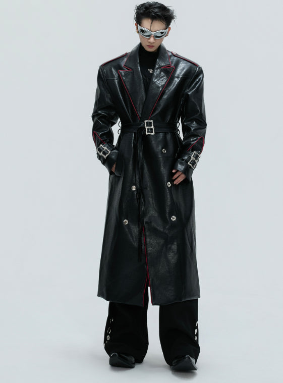 Wide Shoulder Fur Metal Belt Waist Long-cut Coat